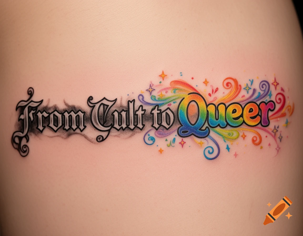 Close-up of a tattoo on light skin reading "From Cult to Queer." "From Cult" is in dark, gothic font with a smoky trail, transitioning to "to Queer" in a vibrant, rainbow-colored, bubbly font surrounded by colorful swirls and stars.