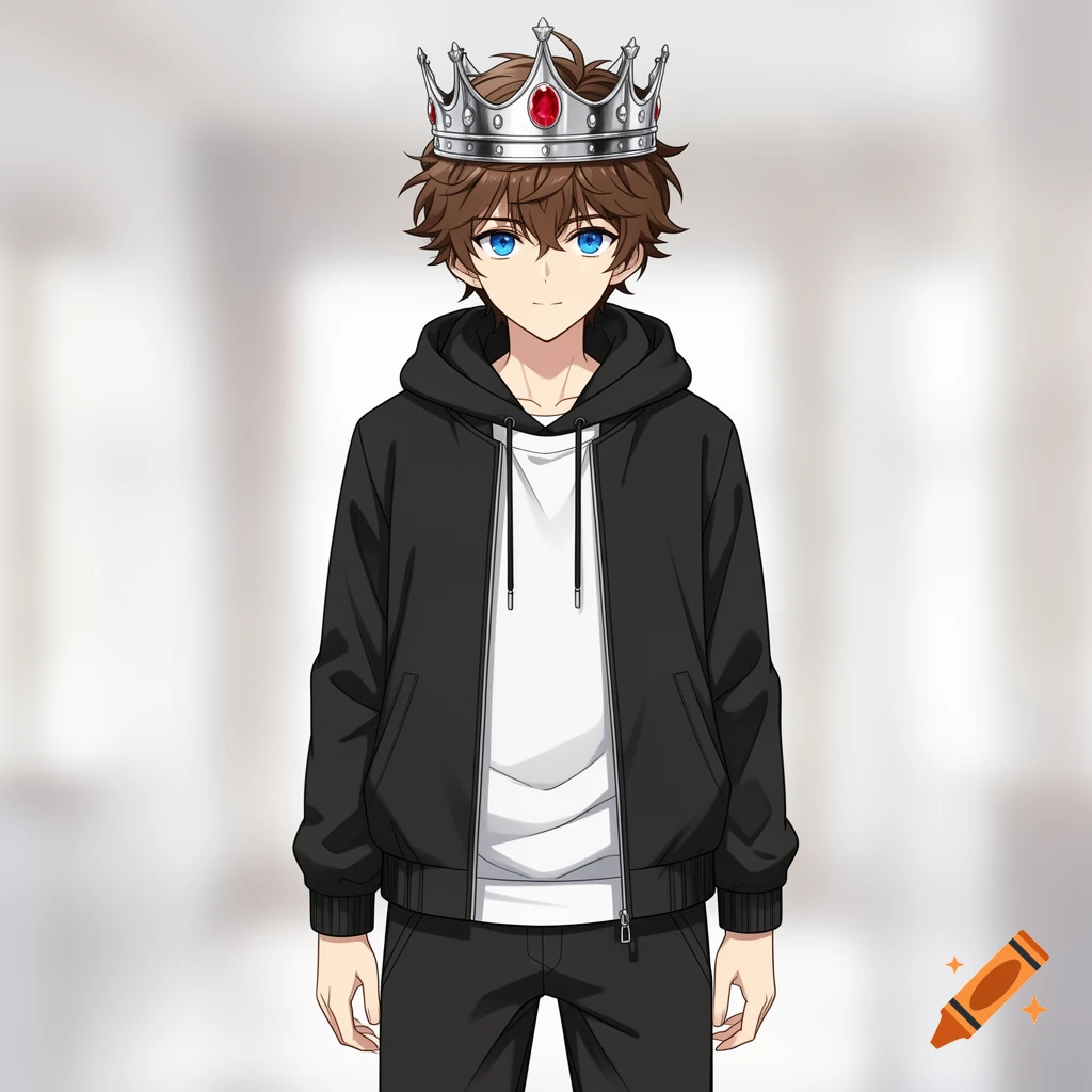 Anime boy with brown hair, blue eyes, wearing a silver crown, black open jacket, white t-shirt, and black pants.