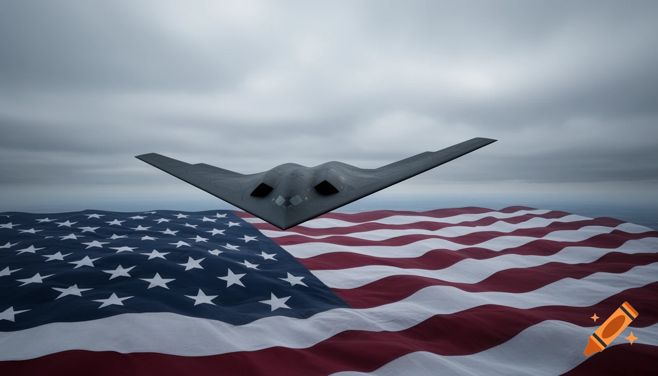 A photorealistic image of a B2 bomber flying directly over a large, waving American flag under a cloudy sky.