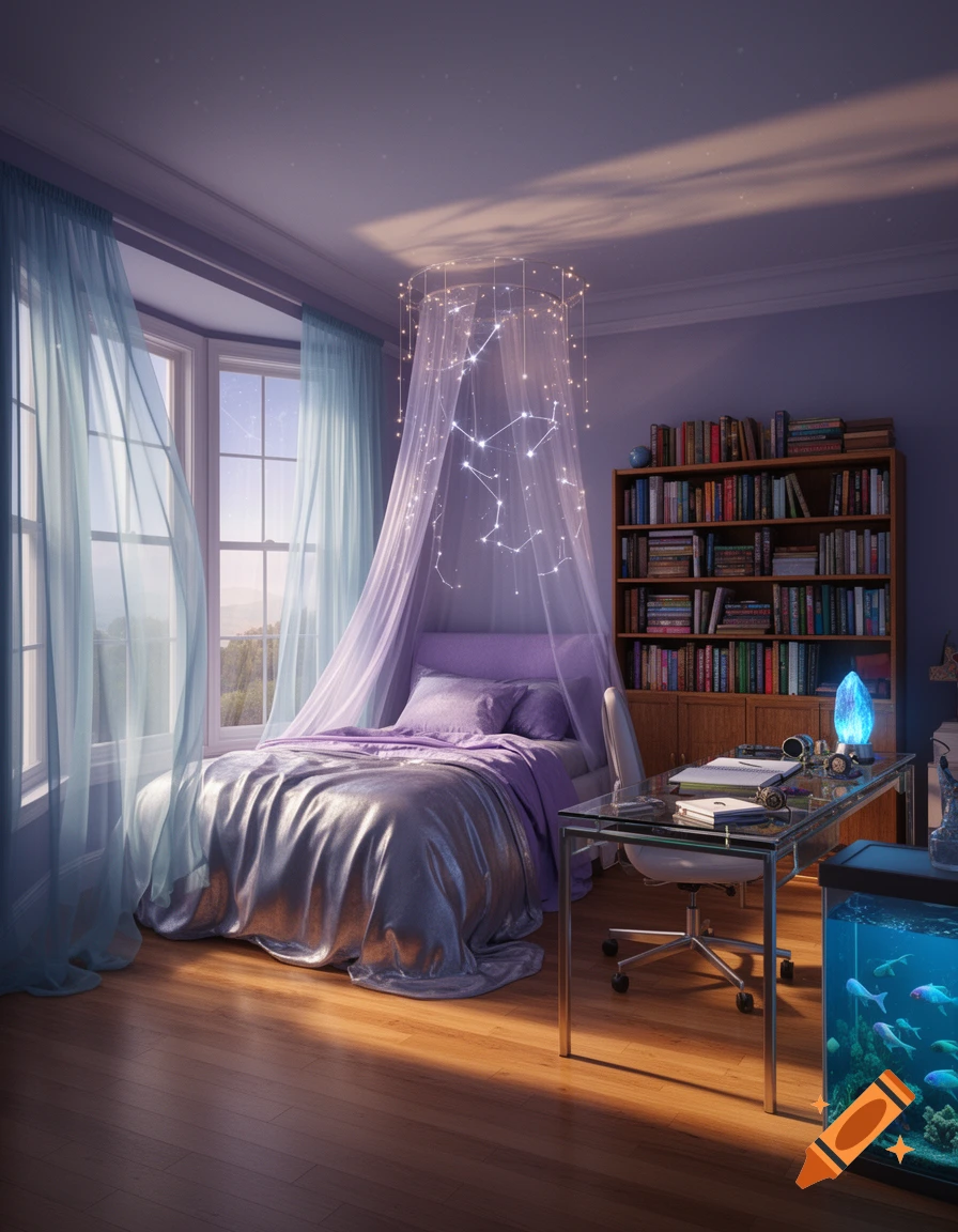 A dreamy bedroom with a bed featuring a magical canopy of glowing stars, a wooden bookshelf filled with books, a glass desk, and an illuminated aquarium.