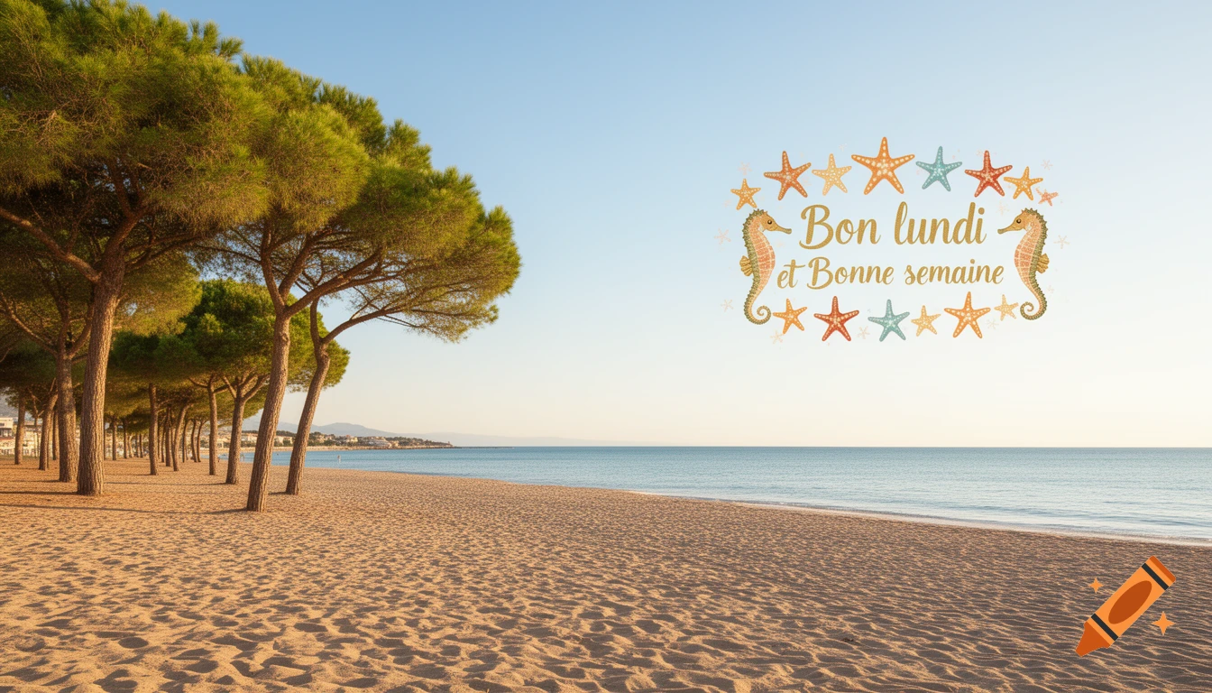 Sunny beach with pine trees, calm sea, and decorative French text 'Bon lundi et Bonne semaine' framed by seahorses and starfish.