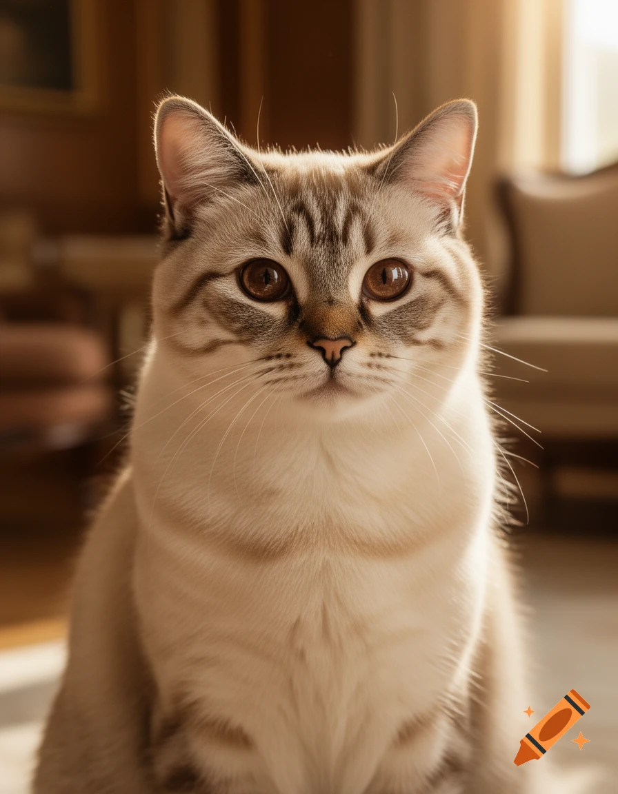 A close-up, photorealistic portrait of a cream-colored cat with brown stripes and dark brown eyes, looking directly forward.