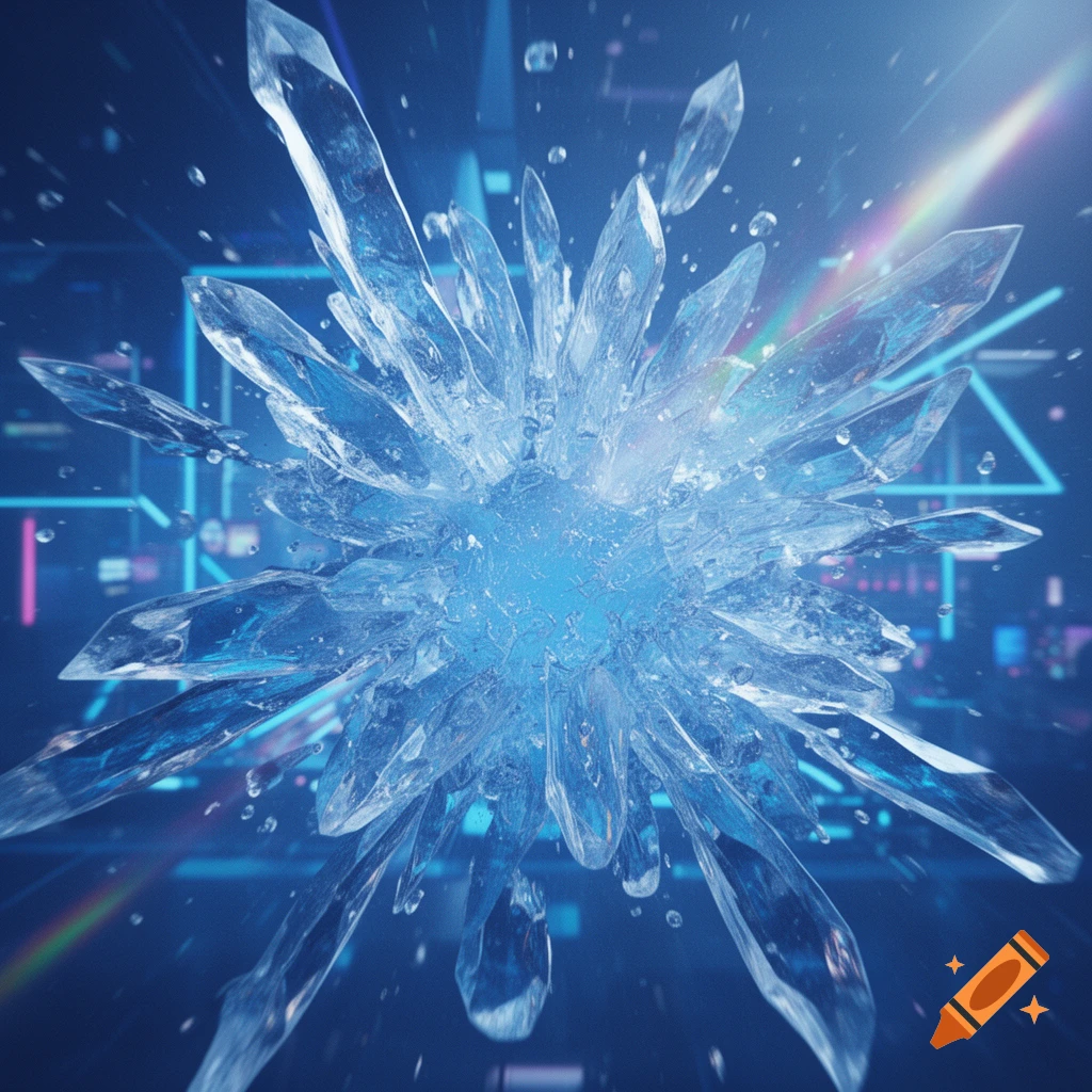 A vibrant, photorealistic blue ice crystal explodes, surrounded by shards and water droplets, against a neon-lit futuristic background.