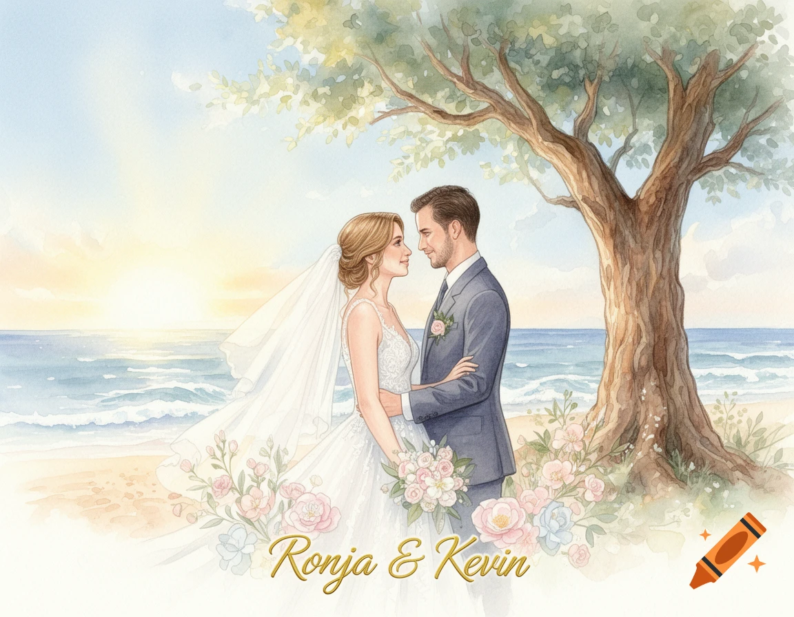 A romantic watercolor illustration of a bride and groom embracing on a beach at sunset, with a large tree and flowers. Names "Ronja & Kevin" are in golden script.