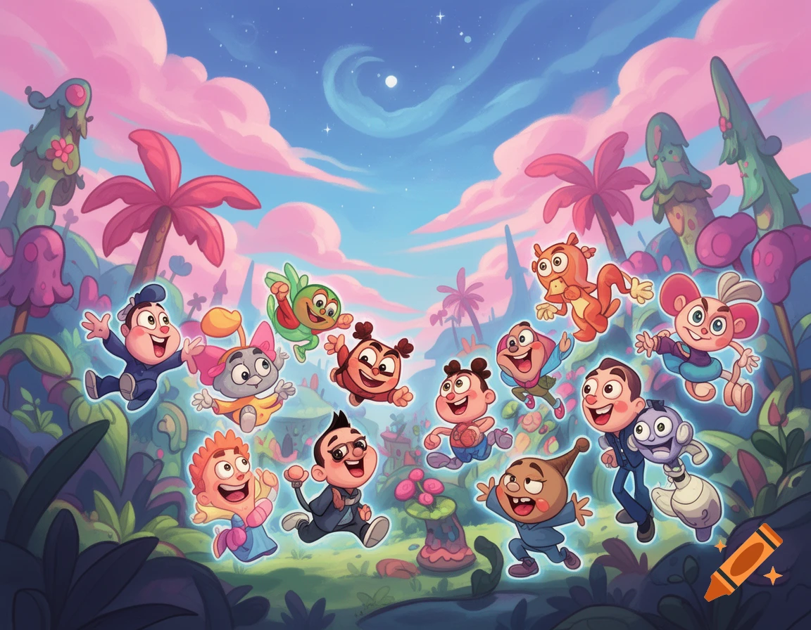 A colorful cartoon illustration of various happy, flying characters in a vibrant, whimsical landscape with pink clouds and exotic plants.
