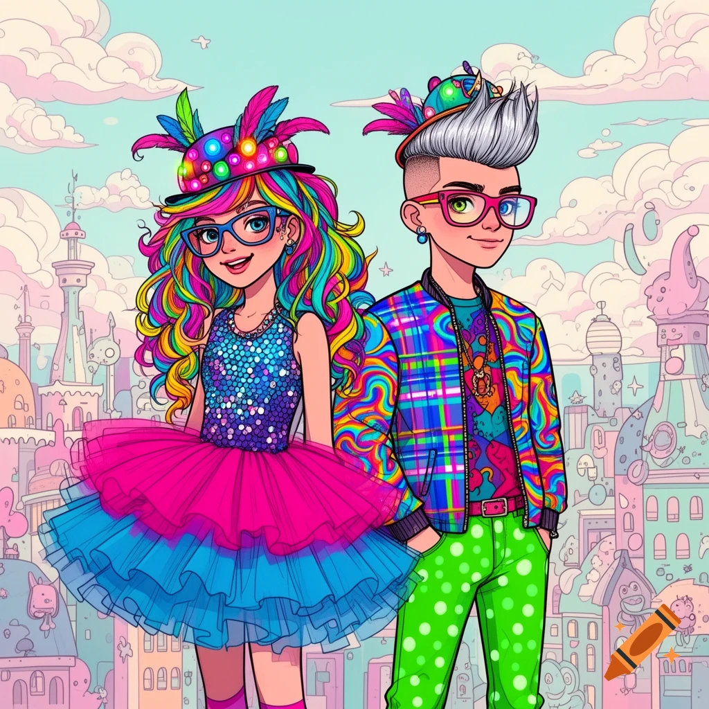 A cartoon girl and boy in flamboyant, neon-colored outfits stand before a pastel whimsical city.