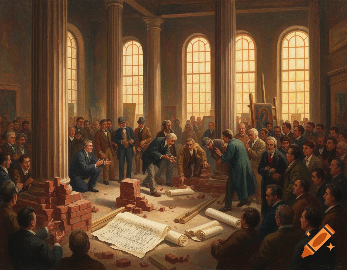 A large group of men in a grand hall, discussing a construction project with bricks and a blueprint on the floor, in the style of a classical oil painting.
