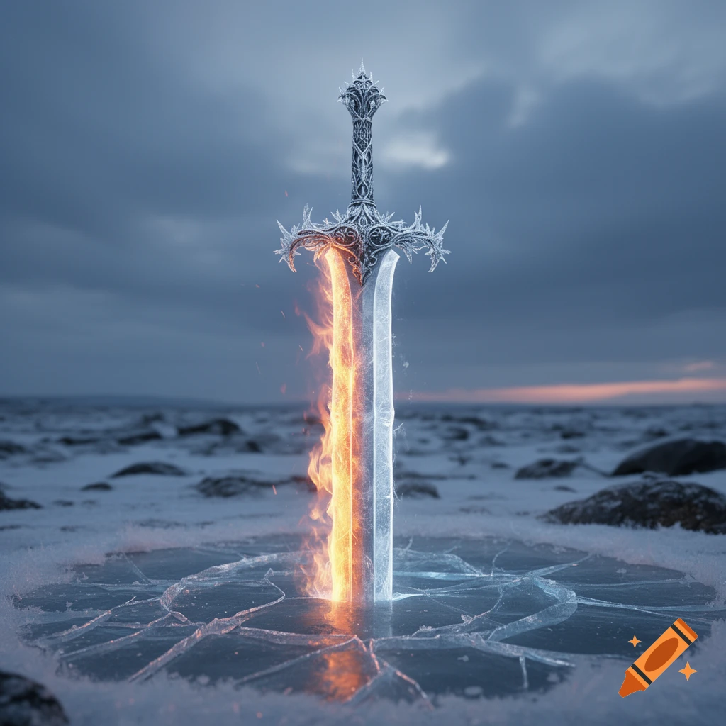 A fantasy sword, half ablaze with fire and half glowing with ice, plunged into cracked ice on a snowy plain under a cloudy sky.