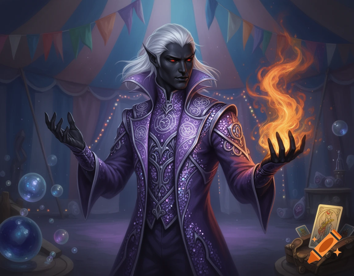 A dark-skinned drow magician in an ornate purple coat conjures fire in a circus tent, with tarot cards nearby.