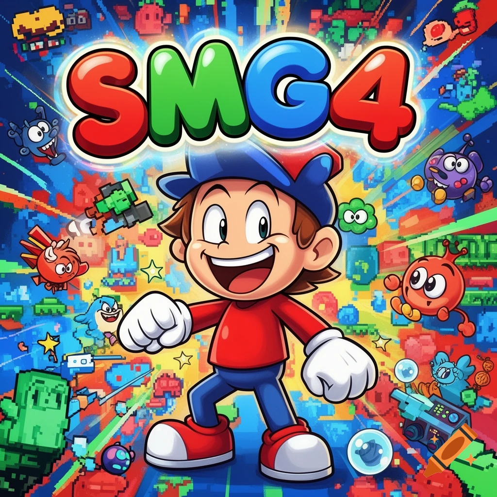 A happy cartoon character in a red shirt and blue cap stands in a vibrant, pixelated video game world with creatures and items, under the text "SMG4".