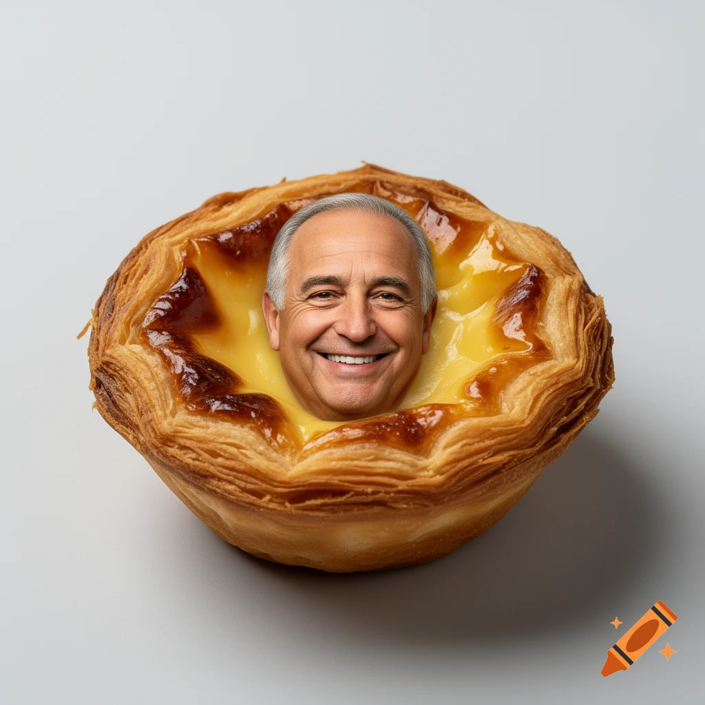 Photorealistic image of Portuguese President Marcelo Rebelo de Sousa's smiling face embedded in a golden-brown Pastel de Nata.