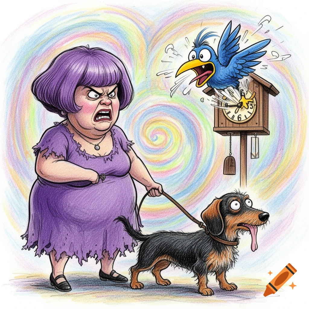 A cartoon illustration shows an angry, chubby woman with purple hair walking a drooling dachshund on a leash, while a blue cuckoo bird screams from a cuckoo clock against a background of colorful spirals.