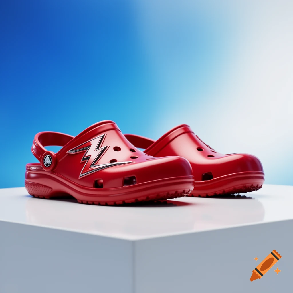 A pair of shiny red Crocs with a white and silver lightning bolt design sits on a white pedestal against a blue background.