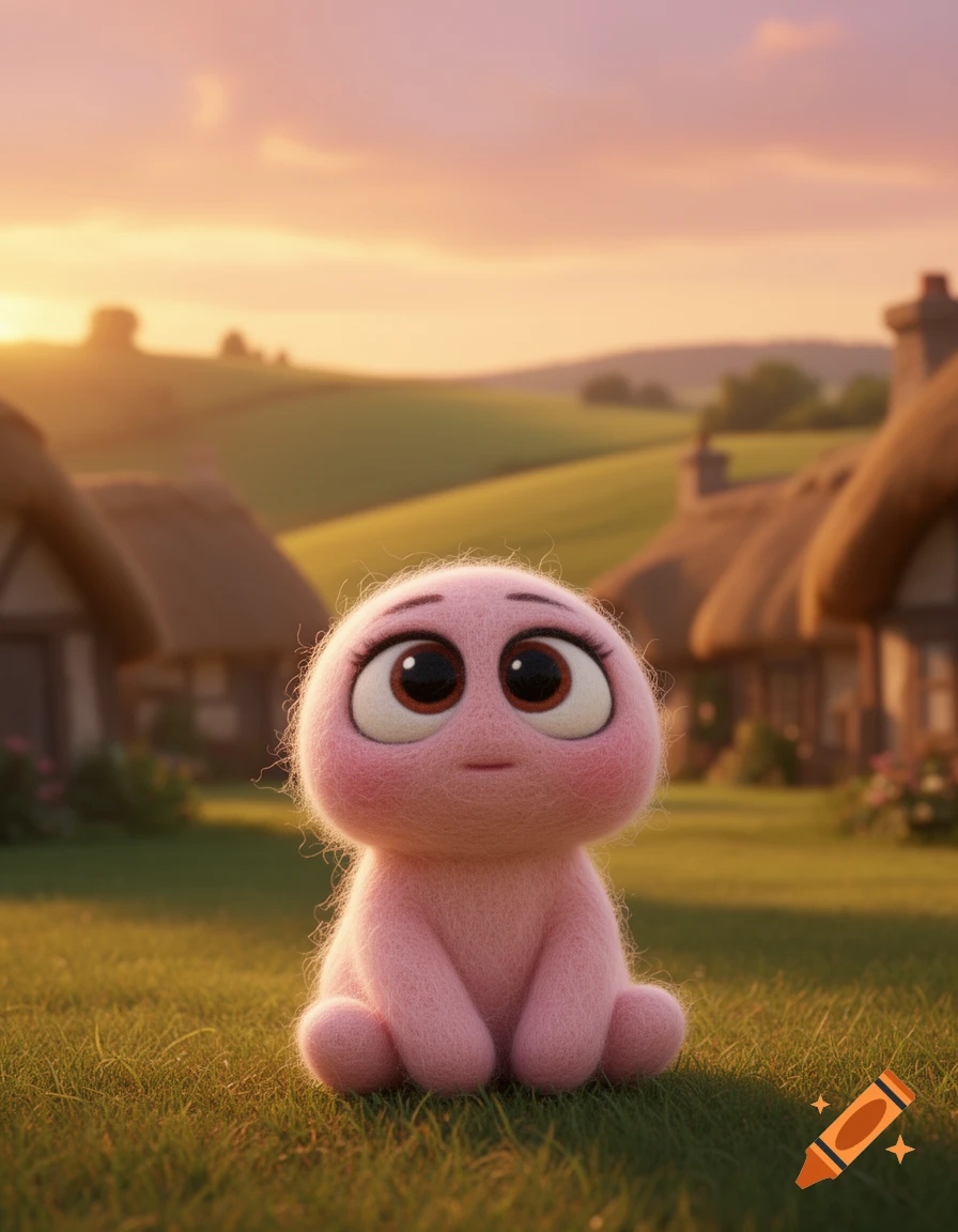 A cute, pink, fluffy 3D cartoon character with big eyes sits in a grassy field with thatched-roof houses at sunset.