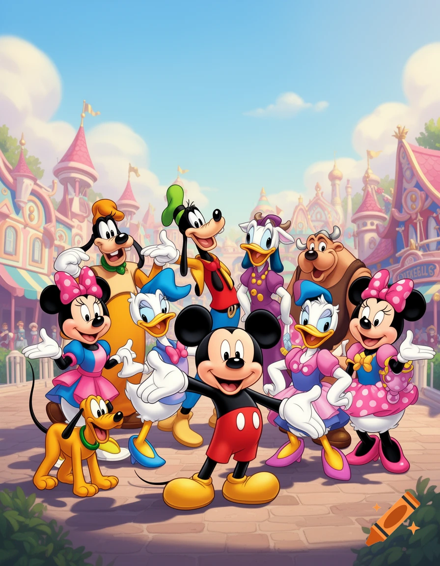 Mickey Mouse, Minnie Mouse, Donald Duck, Daisy Duck, Goofy, and Pluto pose cheerfully in front of a colorful, cartoon-style amusement park.