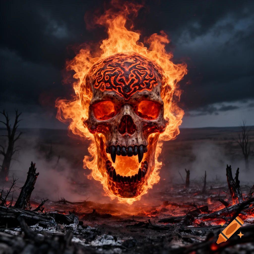 A fiery skull with sharp fangs floats above a desolate, burning landscape under a stormy sky.