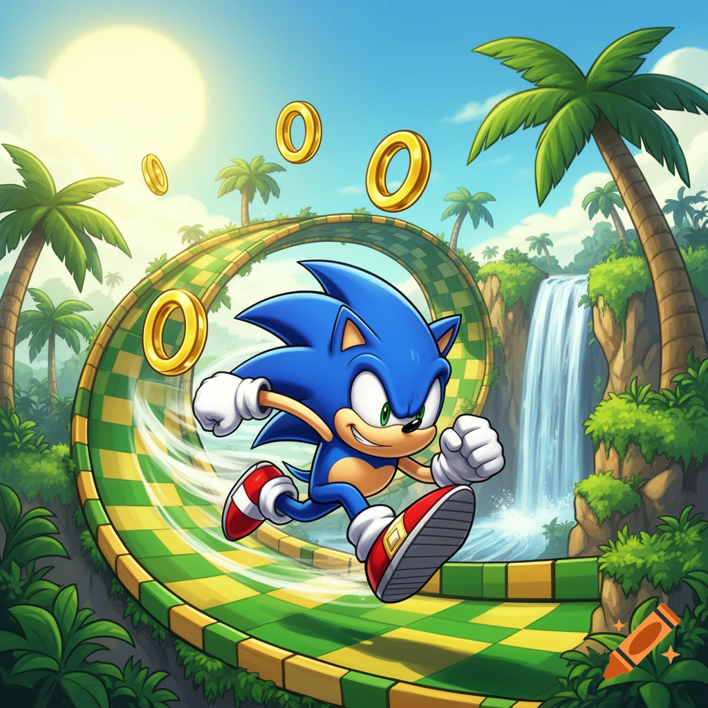 Sonic the Hedgehog running on a loop-de-loop track, collecting golden rings in a vibrant jungle level with a waterfall.