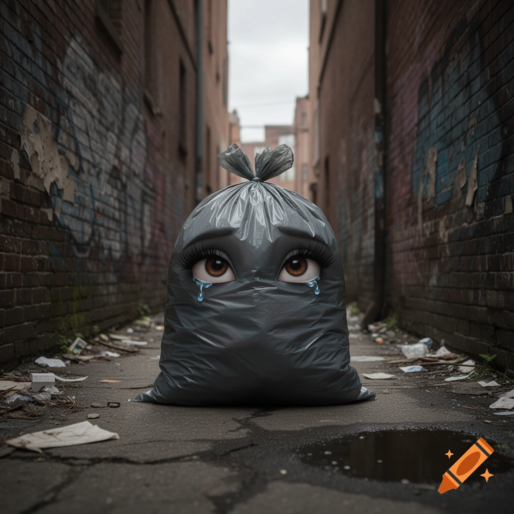 A sad, personified gray trash bag with large female eyes and long eyelashes, crying, sits in a dirty, narrow urban alleyway.
