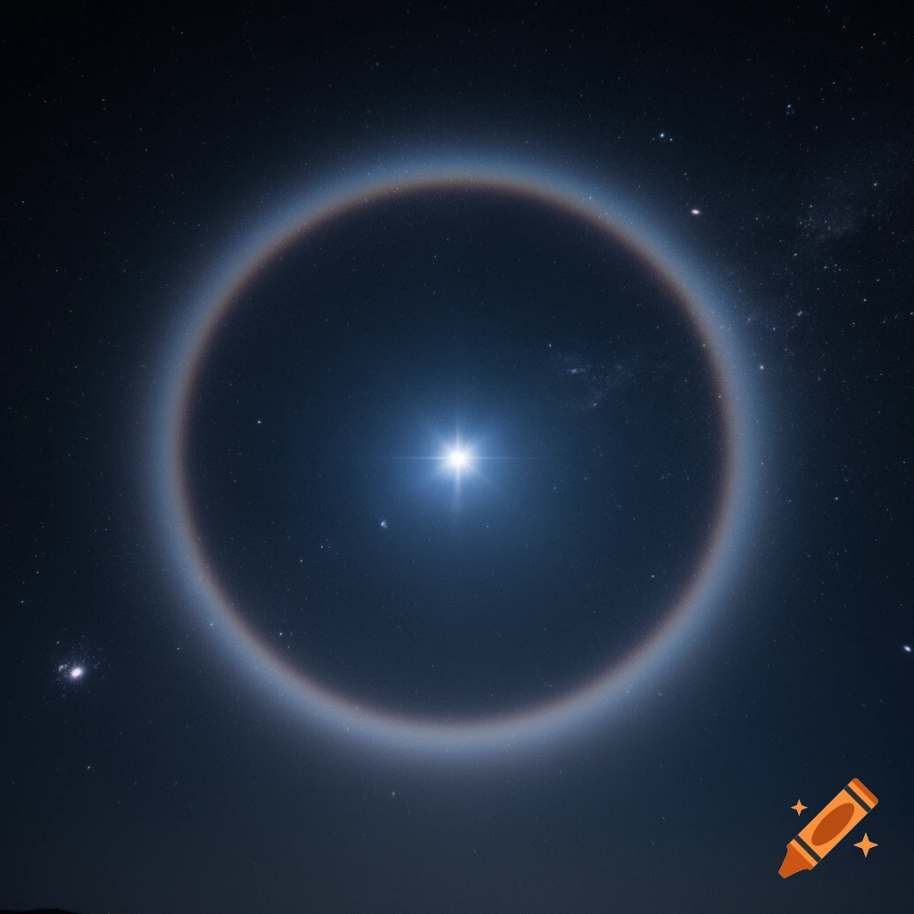 A bright star with a circular, rainbow-like halo against a dark night sky filled with distant stars.
