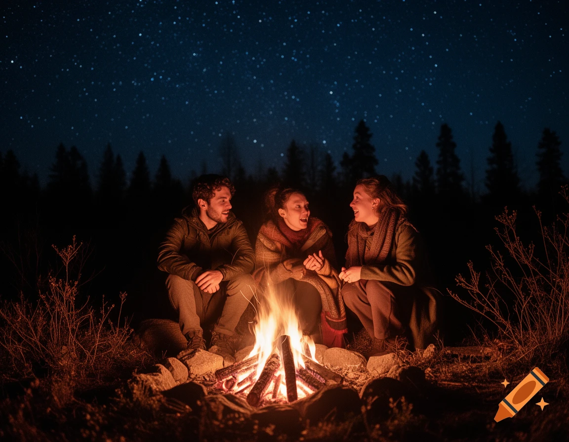 Three people sit around a glowing campfire at night, talking under a starry sky with a forest in the background. Photorealistic.