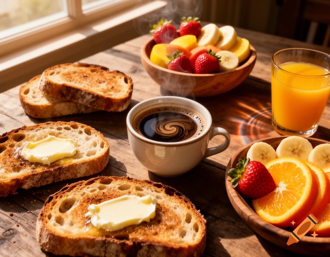Photorealistic breakfast spread with buttered toast, steaming coffee, orange juice, and fresh fruit on a sunlit wooden table.