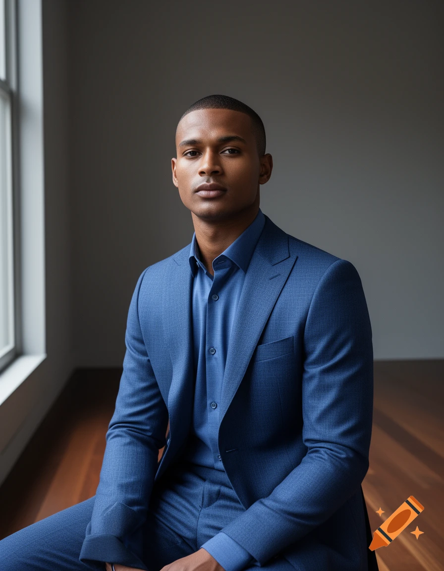 A man in a blue suit and matching blue shirt sits looking forward, against a gray wall and window.
