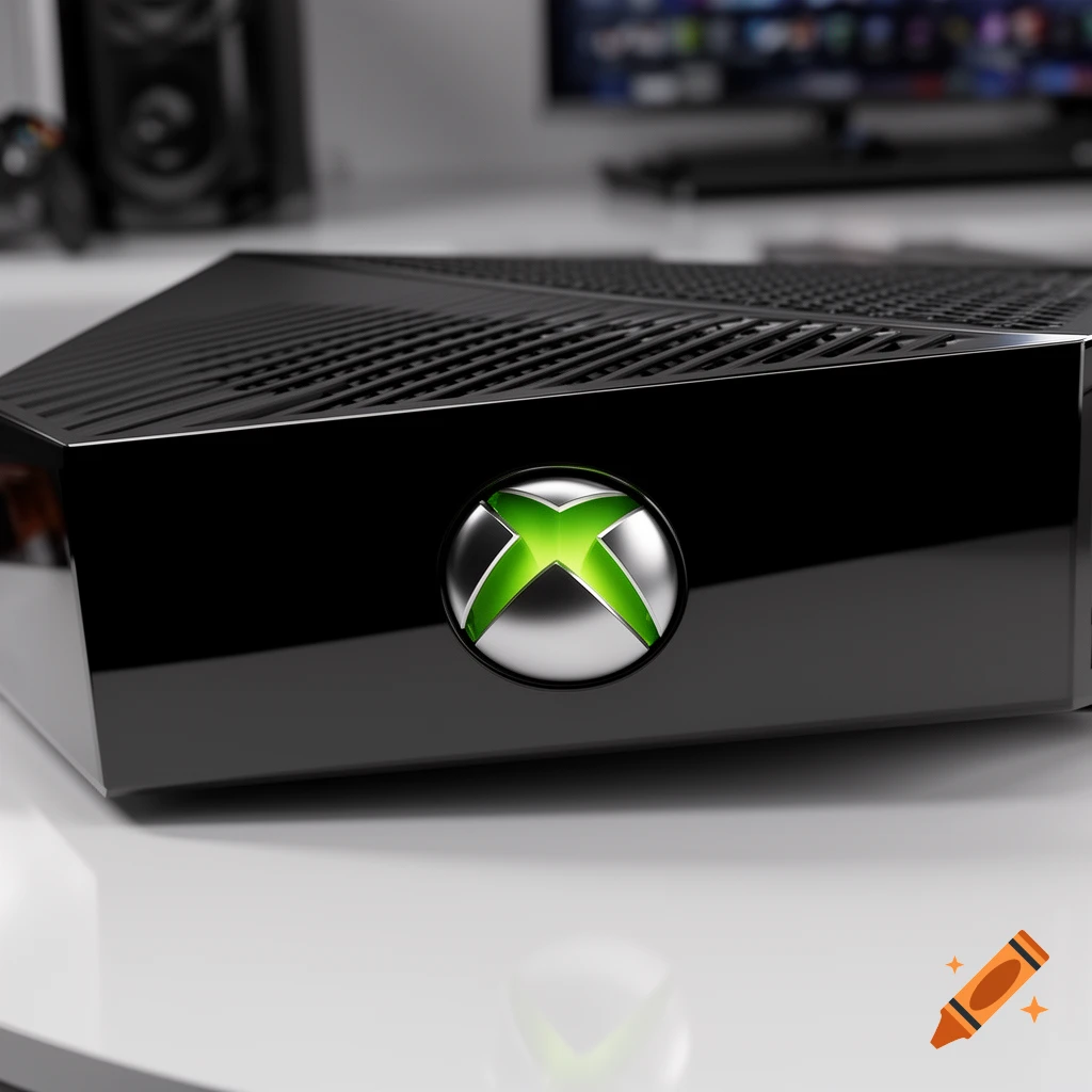 A close-up, photorealistic shot of a black Xbox console with a glowing green X logo on its front, sitting on a white surface with reflections.