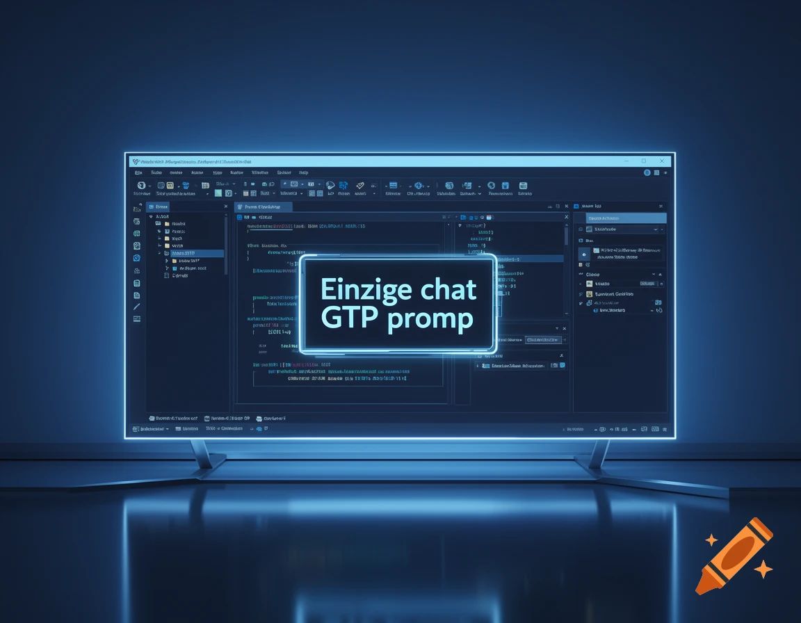 A glowing monitor displays a software interface with programming code and a central text bubble reading "Einzige chat GTP prompt".