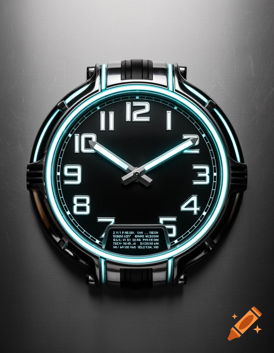 A stylish retro-futuristic watch with a black face, glowing blue numbers and hands, set against a brushed metal background.