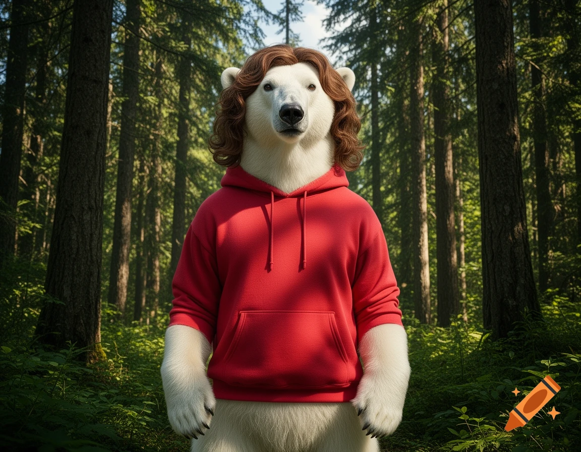 A photorealistic polar bear with brown curly hair and a red hoodie stands in a sunlit forest.