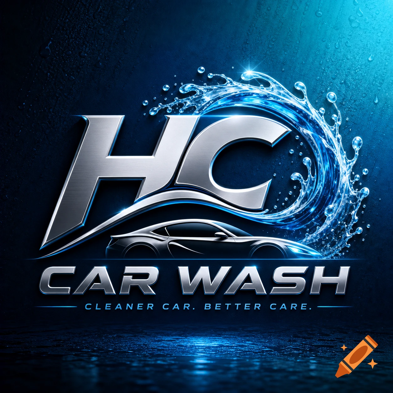 Metallic 'HC' and 'CAR WASH' logo featuring a stylized car and water splashes on a dark blue background.