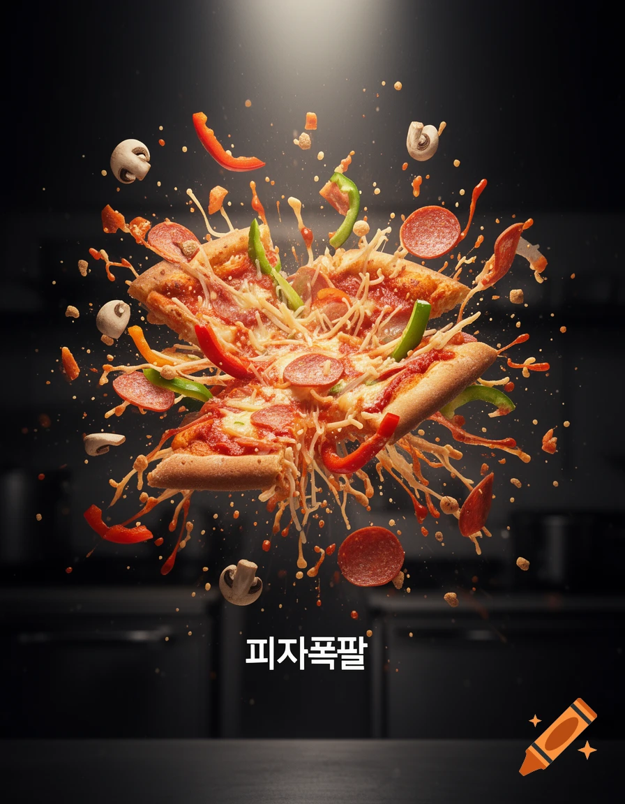 Exploding pizza with pepperoni, mushrooms, and bell peppers flying against a dark background. Korean text '피자폭팔'.
