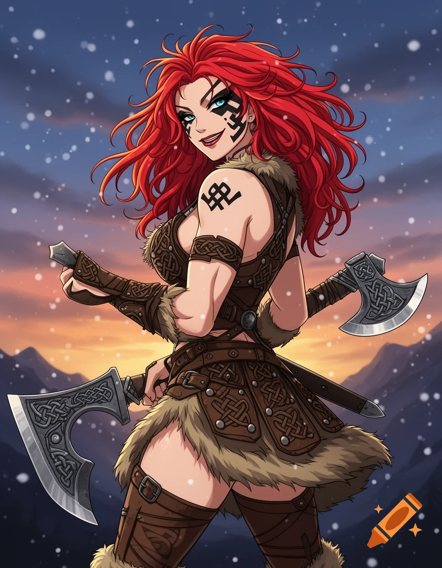 Red-haired female Viking berserker with face paint and a tribal tattoo, holding two axes against a snowy mountain sunset in an anime style.