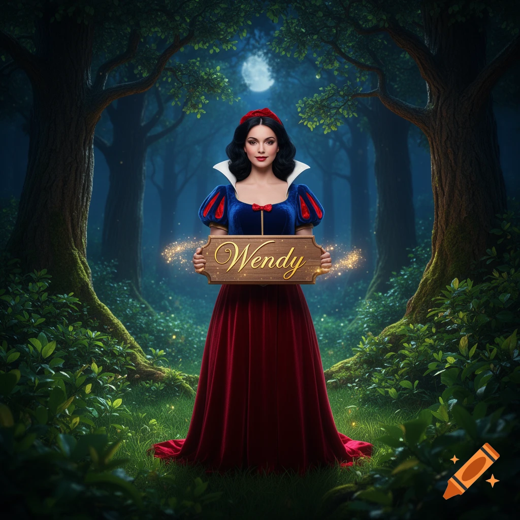 A woman resembling Snow White stands in a magical dark forest under a full moon, holding a wooden sign with "Wendy" in golden script.