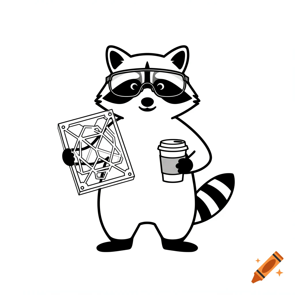 A black and white line art illustration of a raccoon wearing safety glasses, holding a laser-cut acrylic scrap and a coffee cup.