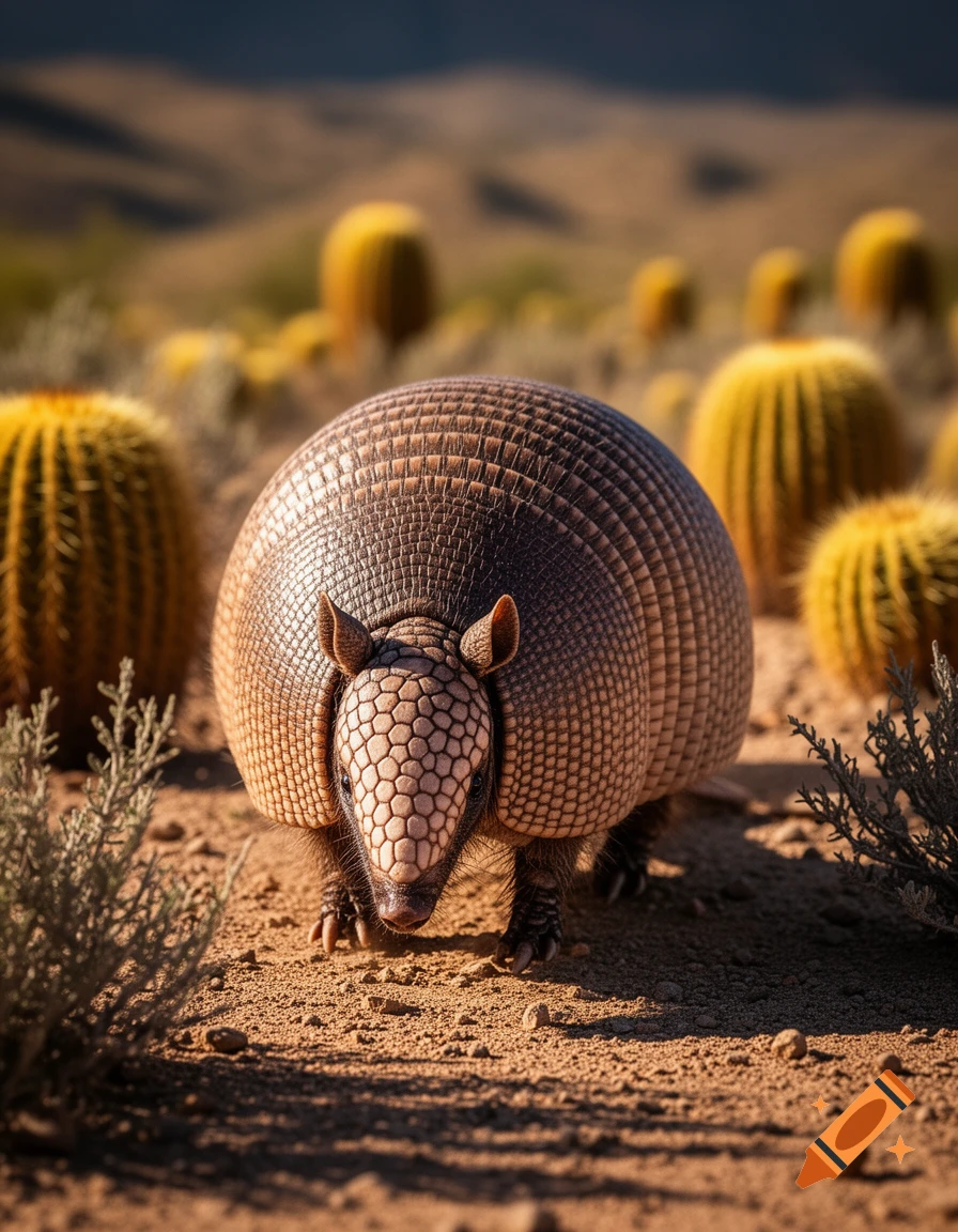 A close-up, front-facing view of an armadillo standing on sandy ground in a sunlit desert, surrounded by blurred cacti.