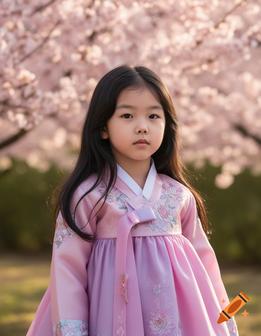 A young girl in a pink and purple traditional Korean hanbok with floral embroidery stands under soft pink cherry blossoms.