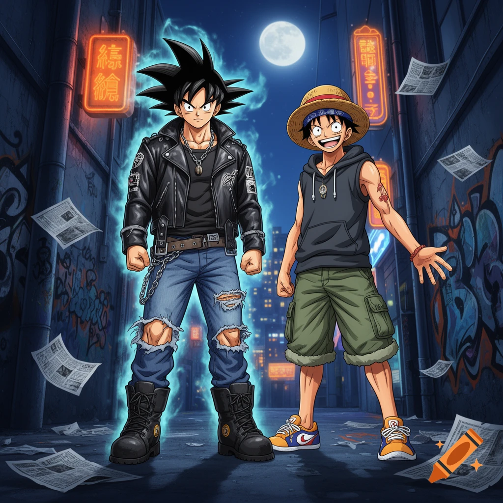 Goku in a black leather jacket and ripped jeans stands next to Luffy in a straw hat and hoodie, both illuminated by a blue glow in a moonlit alleyway with neon signs and flying newspapers.