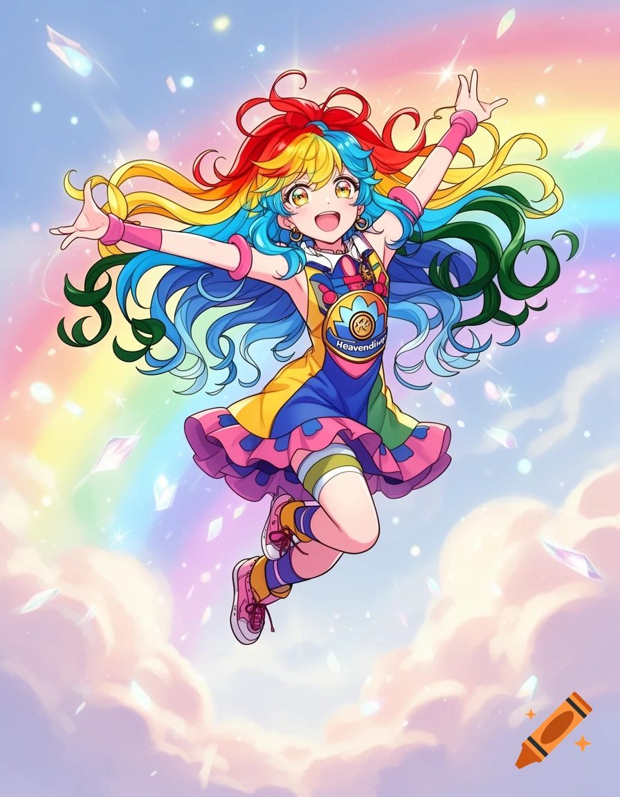 Happy anime girl with rainbow hair jumps in a colorful outfit against a rainbow and cloud background.