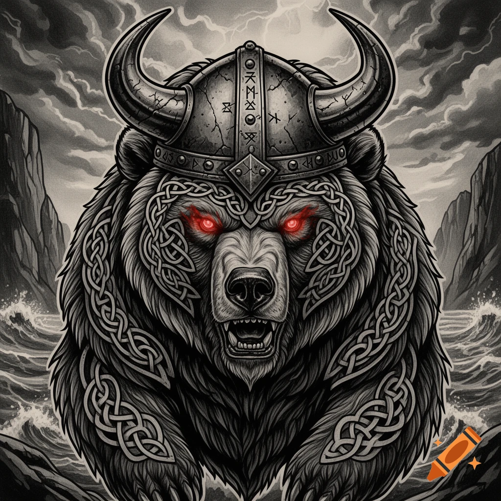 Stylized black and white illustration of an aggressive bear wearing a horned Viking helmet with glowing red eyes, against a stormy sea.