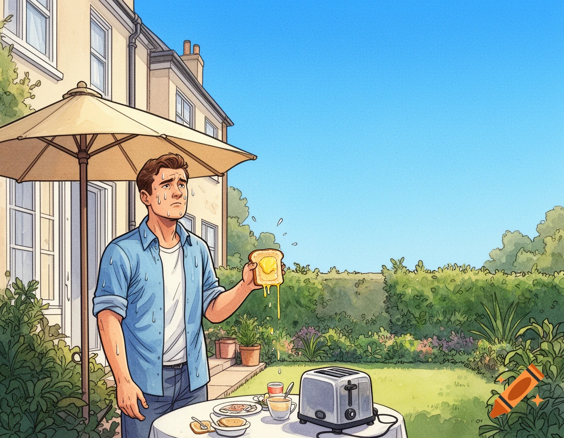 A comic illustration of a man sweating under a hot sun in a garden, holding a slice of toast with melting butter.