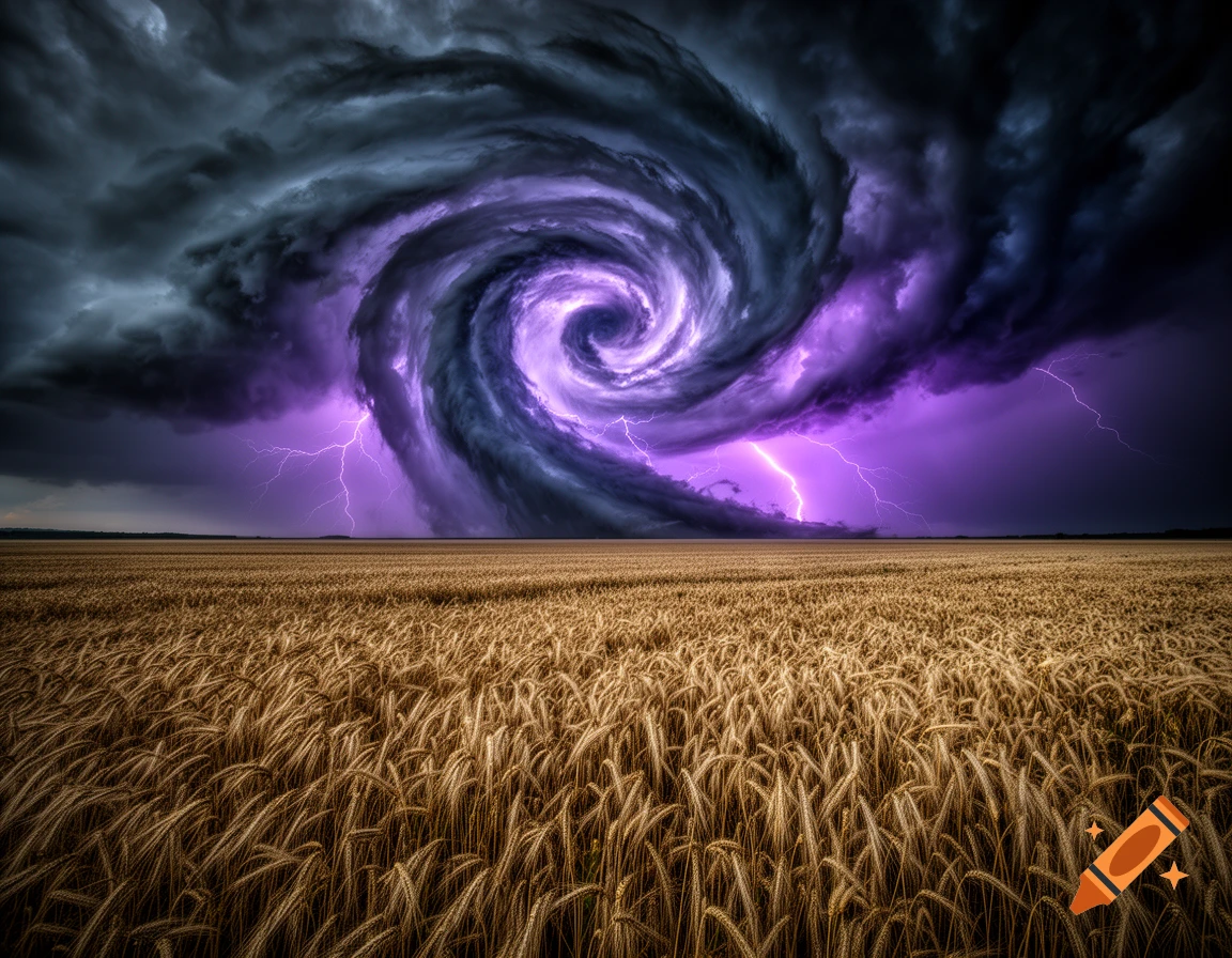 A dramatic purple cyclone with lightning strikes swirling over a golden wheat field under a dark, stormy sky.