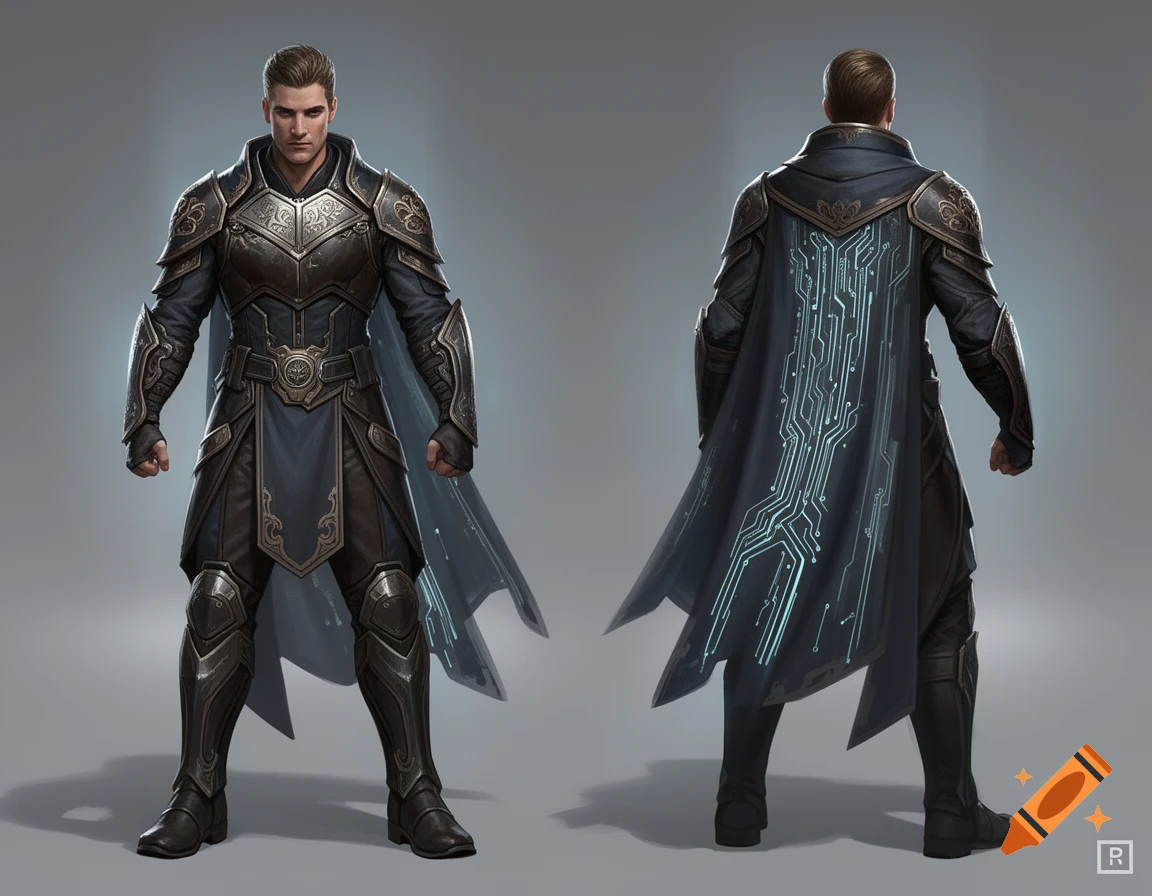 Game character concept art of a man in ornate dark armor with a cape featuring a glowing circuit pattern, front and back views.