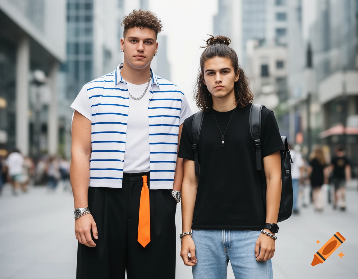 Two young men in stylish outfits stand on a city street. One wears a striped shirt with an orange tie, the other a black tee and backpack.