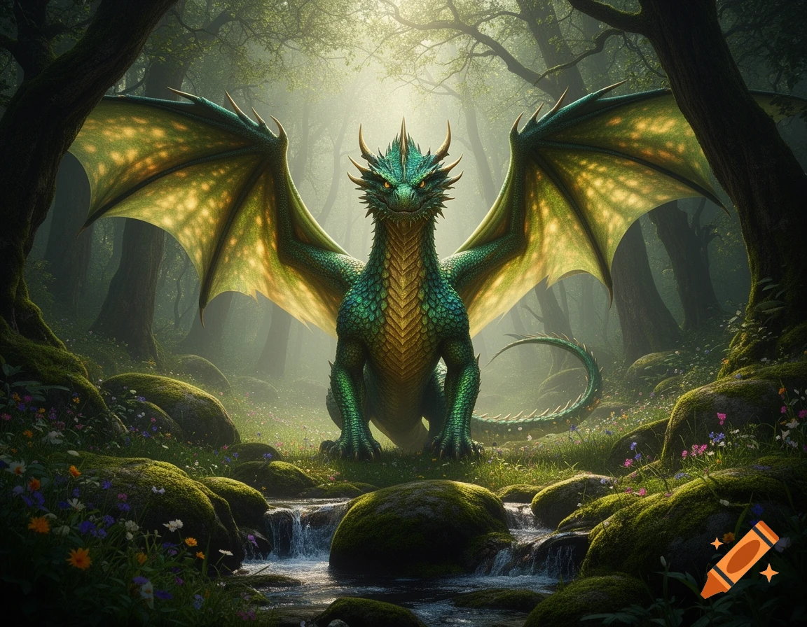 A majestic green dragon with large, golden-hued wings stands in a lush, mystical forest with a small stream.