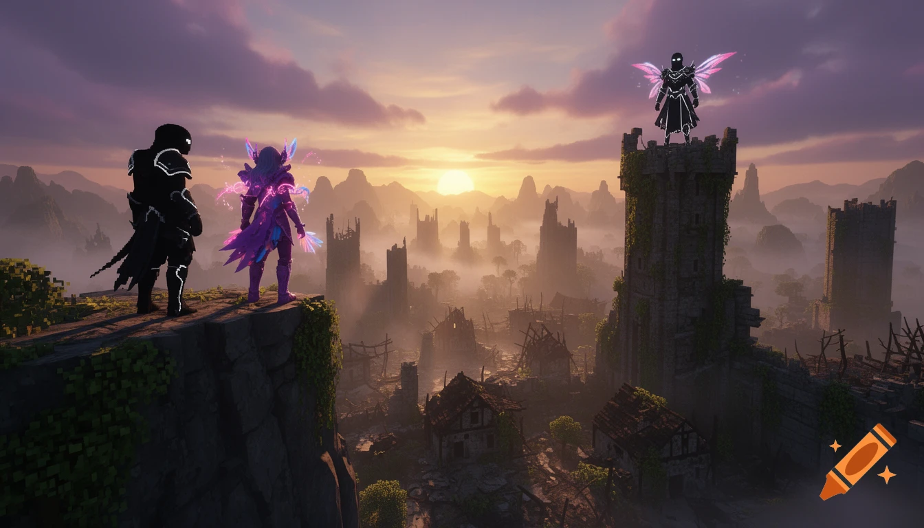 Three glowing, armored characters overlook a ruined Minecraft-style city at sunset.