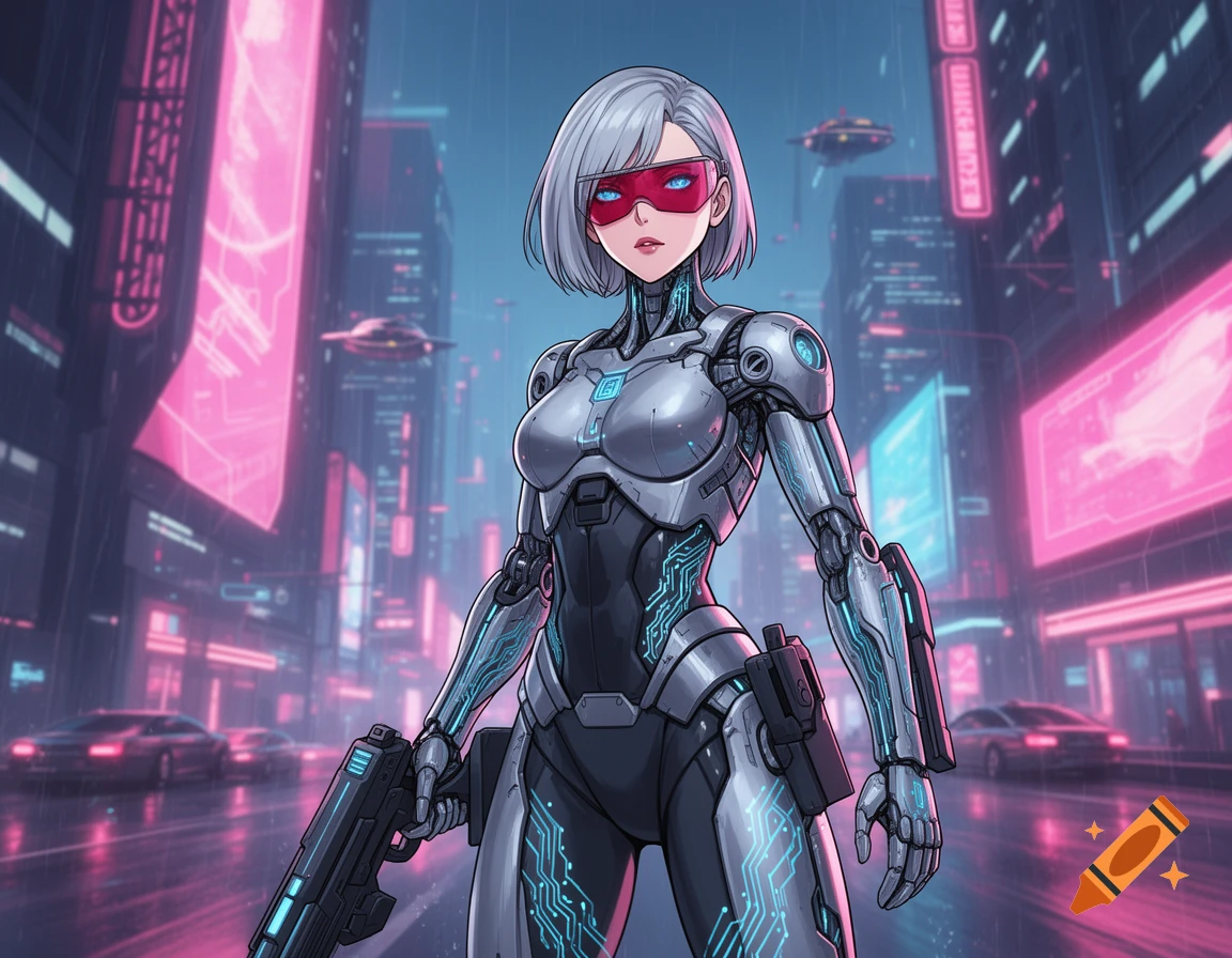 Anime style cyborg female holding a gun in a futuristic, neon-lit cyberpunk city.