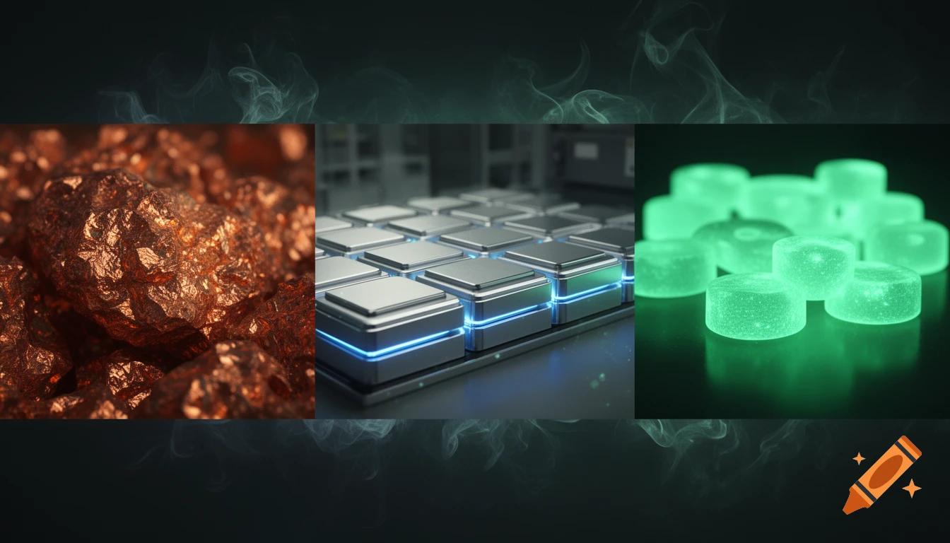 A cinematic triptych showing raw copper ore, sleek lithium battery cells with blue light, and glowing neon green uranium pellets.