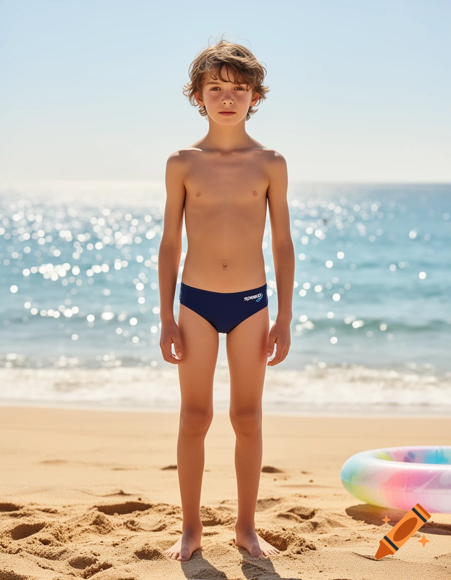 A young boy stands on a sandy beach, wearing blue swim briefs, with the ocean and bright sky in the background.