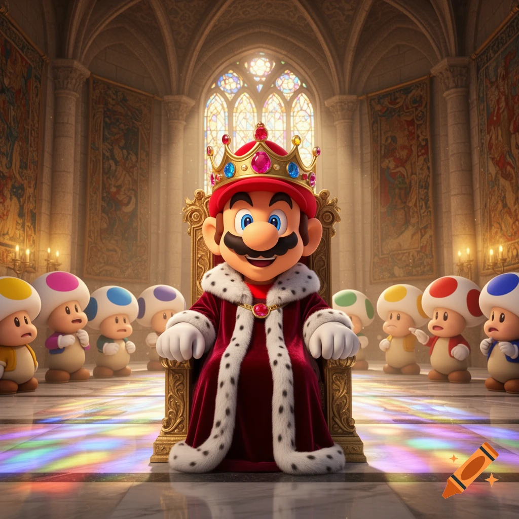 King Mario sits on a golden throne in a grand castle hall, surrounded by various colored Toad characters, with light shining through a stained-glass window.